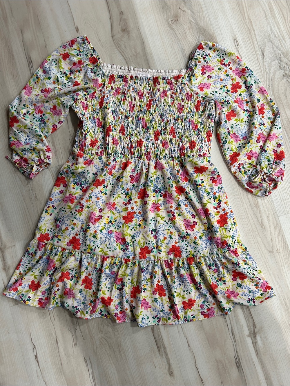 LC Lauren Conrad White Floral Smocked Dress with Puff Sleeves